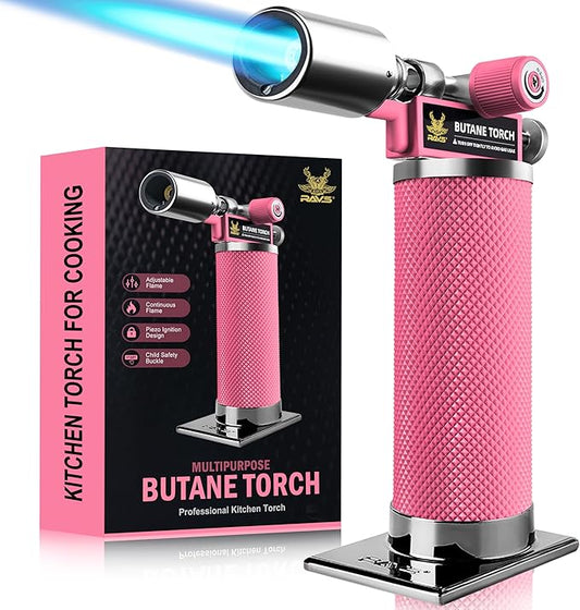 RAVS Butane Torch, Premium Metal Pink Torch Lighter with Adjustable Flame & Safety Buckle, Food Torch for Baking, BBQ, Desserts, Unique Gifts for Women, Butane Fuel Not Included