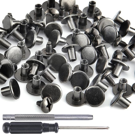 YORANYO 100 Sets Gunmetal Round Flat Head Chicago Screws - Kit for Leather Crafting, Clothing, Shoes, Belts & Bags - 25/64 Inch