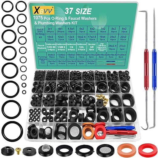 XBVV 37 Size 1075 Pcs Faucet Washers & O-Rings Kit & Plumbing Gasket 3-in-1 Home Universal Rubber Washers Assortment Kit for Faucet Hose Spigot Plumbing Seal Repair with Pick Hook
