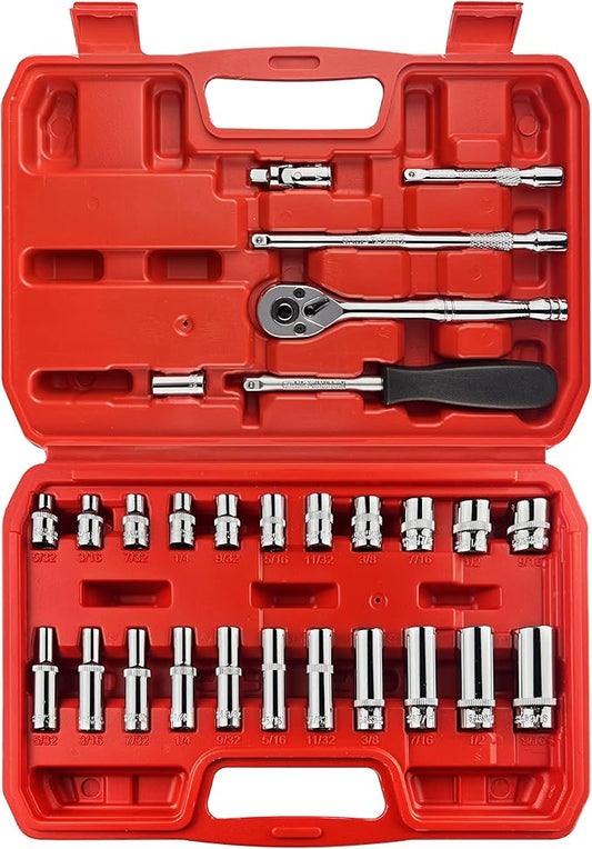 EACELIY 28pcs 1/4" Drive Impact Socket Set,Drive Master Socket Set,SAE, Deep&Shallow with Universal Joint,Extension bar,Ratchet Wrench,Hex Bit Holder,Spinner Handle,6 Point,CR-V Steel,Mirror Chrome