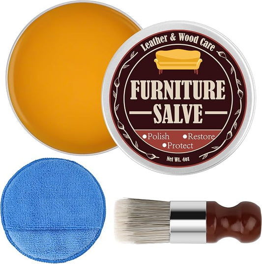 Furniture Salve for Leather & Wood, AHIER 4oz Professional Furniture Repair Salve Kit with Brush and Sponge Pad, Restore, Protect, Polish Conditioner for Couch, Chairs, Tables Leathers Cleaning