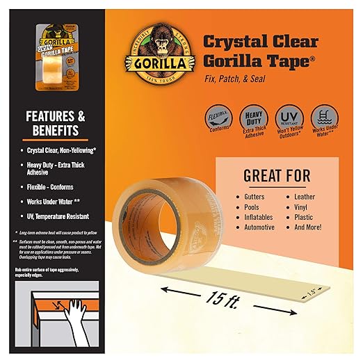Gorilla Crystal Clear Duct Tape, 1.5" x 5 yd, Clear, (Pack of 3)