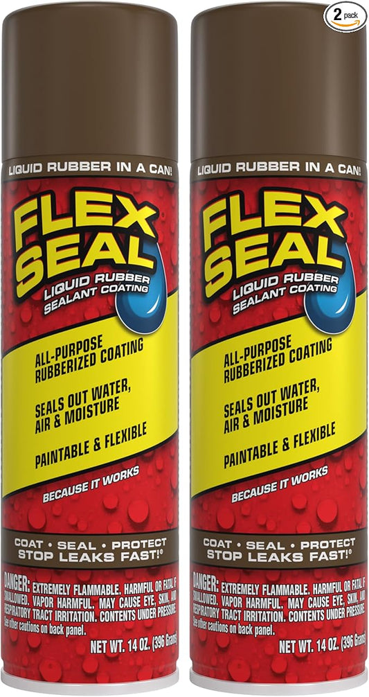 Flex Seal, 14 oz, 2-Pack, Brown, Stop Leaks Instantly, Waterproof Rubber Spray On Sealant Coating, Perfect for Gutters, Wood, RV, Campers, Roof Repair, Skylights, Windows, and More
