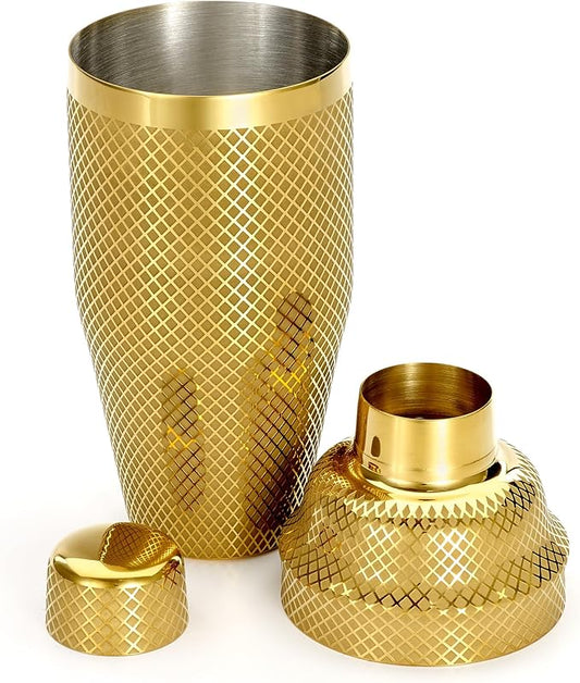 Barfly 3-Piece Diamond Lattice Etch Japanese Cocktail Shaker Set (24 Oz/700ml), Gold Plated
