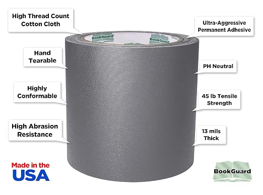 BookGuard 4 inch Premium Bookbinding Repair Cloth Tape, 15 Yard Roll, Gray