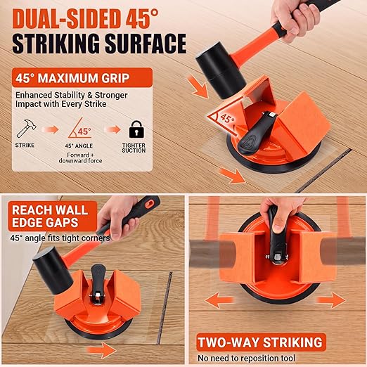 Floor Gap Fixer Tool: Flooring Repair Tool with Dual 45° Striking Surface & Suction Cup for Laminate & Vinyl Plank (LVP/SPC) Floors, Floor Gap Puller Kit with Rubber Mallet, 6 Sticky Pads & Scraper
