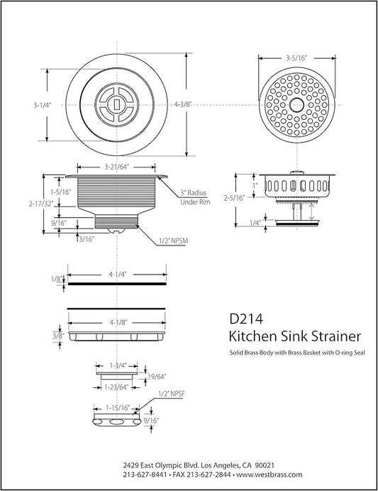Westbrass D214-51 3-1/2" Post Style Large Kitchen Sink Basket Strainer, Powder Coat Almond