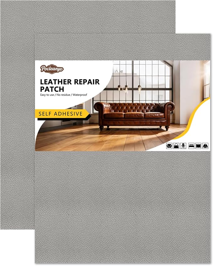 2 Pcs Gray Leather Repair Tape, 8x12 Inch Leather Repair Patch Self-Adhesive, Waterproof Faux Leather Patch, Vinyl Repair Tape for Couch, Sofas, Furniture, Office Chair, Car Seats