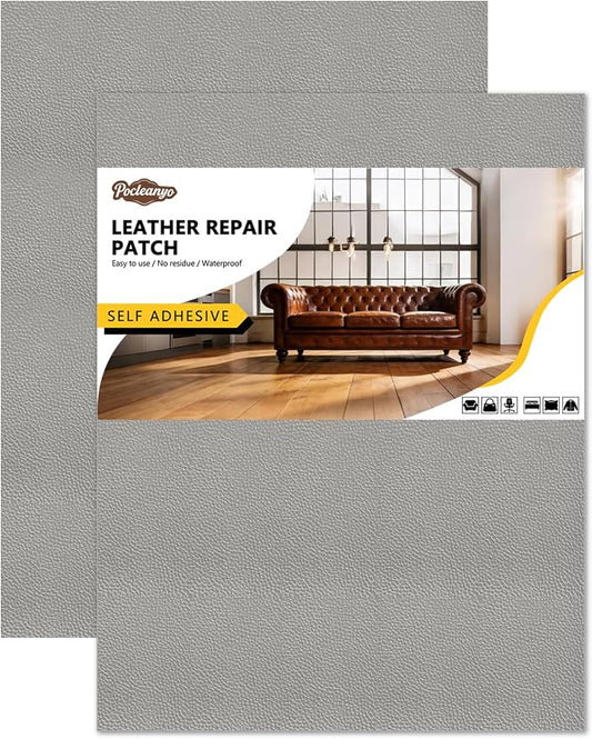 2 Pcs Gray Leather Repair Tape, 8x12 Inch Leather Repair Patch Self-Adhesive, Waterproof Faux Leather Patch, Vinyl Repair Tape for Couch, Sofas, Furniture, Office Chair, Car Seats