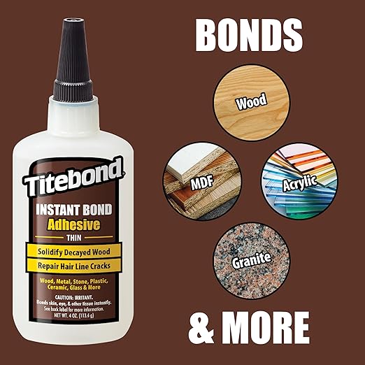 Titebond Instant Bond Thin Adhesive, 3-second Bond, Home Repair, Woodworking, Crafts, Hairline Cracks, Filling Wood Knots, 4 oz. 6202