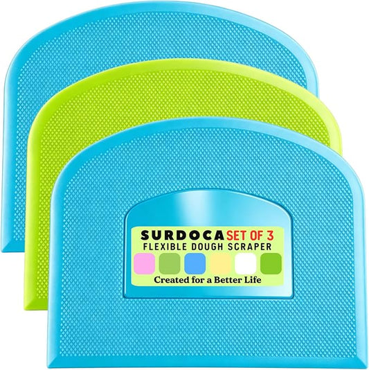 SURDOCA Dough Scraper Bench Scraper - 3P 14.2x8.5" Plastic Flexible Bowl Scraper, Sharp Edge & Angles Cake Scraper. Non-Slip Bakeware Decorating Tools Sculpting & Modeling Tools - Blue+Green+Blue