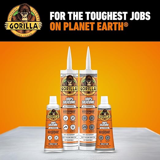 Gorilla 100% Silicone Waterproof Caulk, All‑Purpose Sealant, Mold & Mildew Resistant, Flexible Seal, Clear, 10 oz Cartridge (Pack of 1)
