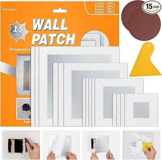 Wall Repair Patch Kit, 15 Pieces Aluminum Self-Adhesive Mesh Repair Patches for Drywall, Multiple Large Small Sizes 2/4/6/8 Inch Drywall Hole Repair Kit, Permanently Repairs Damaged Walls and Ceilings