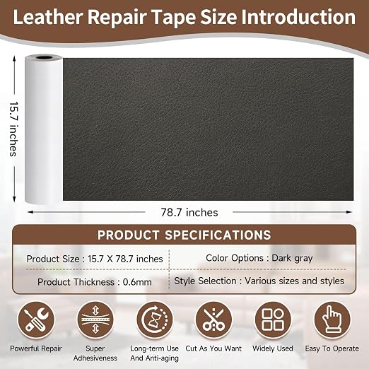 HUISHCHILI Leather Repair Tape, Heavy Duty Vinyl Repair Patch, Waterproof Self Adhesive Leather Repair Kit for Fixing Holes & Scratches on Couch, Car Seat, Furniture (Dark Grey, 15.7 x 78.7in)