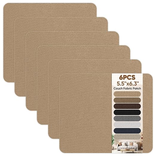 Couch Patch Repair Fabric,6-Piece Self-Adhesive Microfiber Patches,Quick Fix Sofa Chair Car Seat,Furniture,Upholstery Repair Kit. (Light Brown)