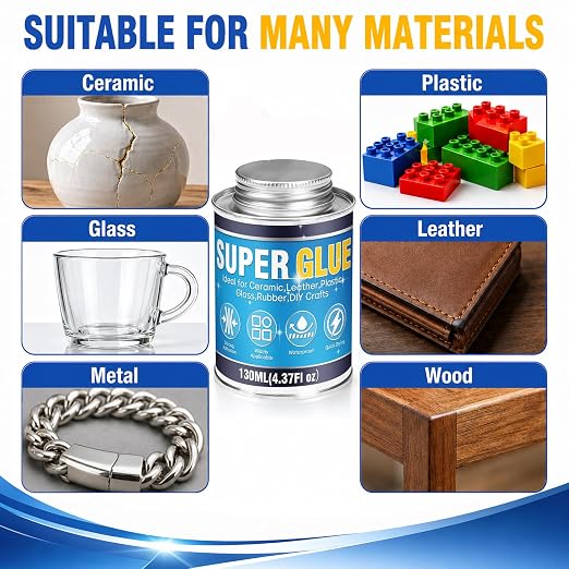 Super Glue, 4.37 Fl OZ All-Purpose Strong Adhesive for Plastic, Metal, Ceramic, Leather, Wood, Fast-Drying Cyanoacrylate Glue with Brush Applicator for DIY and Household Repairs, Long-Lasting Bond