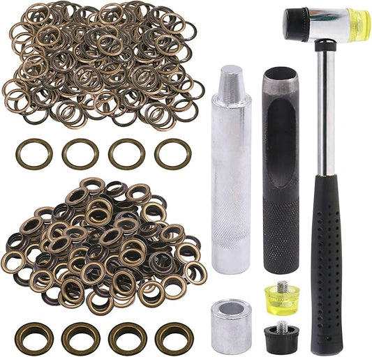 Glarks 124Pcs 1/2 Inch Bronze Grommets Eyelets with Tool Sets, 120Pcs Grommets Eyelets with 4Pcs Installation Tools for Fabric, Canvas, Curtain, Clothing, Leather Repair and Decoration