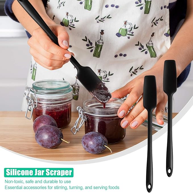Patelai 2 Pieces Long Handle Small Rubber Spatula Mini Silicone Jar Spatula Non-stick Rubber Scraper 11 Inch Silicone Scraper for Jars, Smoothies, Blenders Cooking Baking Stirring Mixing Tools(Black)