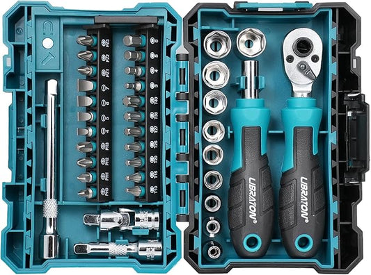 LIBRATON 1/4" Drive Mini Socket & Ratchet Wrench Set with Bits, 4-13mm Shallow Sockets, Magnetic Driver Handle, Extension Bars & Universal Joint, with Storage Case for DIY, Auto Repair