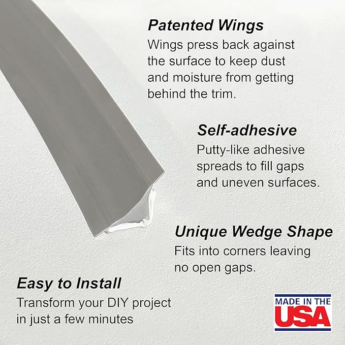 InstaTrim Peel & Stick Flexible Caulk Tape & Trim, Easy to use, self-Adhesive, Caulk sealant for Floors, Doors, Windows, counters, tubs and More - Made in USA, 1/2 inch x 10 feet, Gray