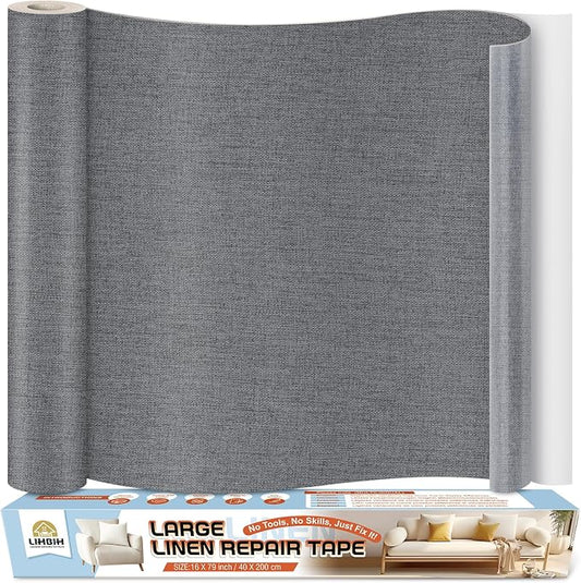 Linen Fabric Repair Tape 16x79 Inch, Self Adhesive Couch Patch Repair Fabric Tape for Furniture, Linen Patch Kit for Couch, Carpet, Upholstery, Chair, Sofa, Cushion, Bag (Dark Grey)