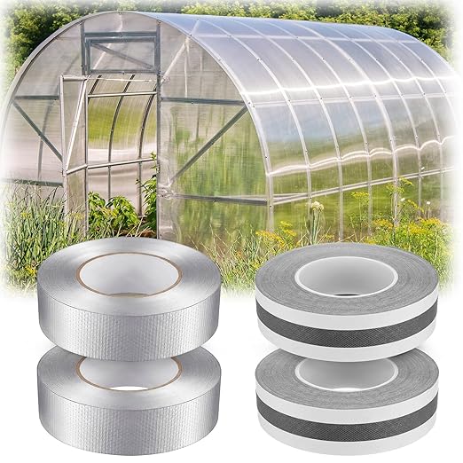 Fuyoooo 4 Pack Greenhouse Tape Set, 2 Rolls 1" x 65.6ft Vented Tapes 2 Rolls 1.18" x 65.6ft Aluminum Tapes, Waterproof Self Adhesive, UV Resistantheat Resistant for Greenhouse Roofing Outdoor Repairs