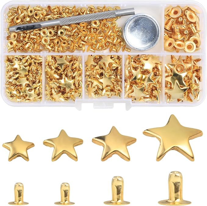 YORANYO 200 Set Mixed Size Leather Rivets Kit for Star Studs, Clothing, Fabric, Gold Color, Crafting, Repair & Decorate Jackets, Shoes, Bags, Belts, Purse