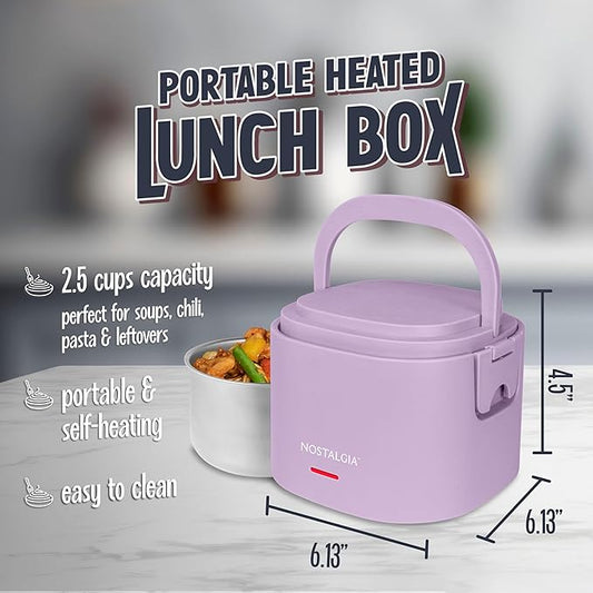 Nostalgia Portable Heated Lunch Box – 2.5-Cup Stainless Steel Food Warmer – Detachable Cord, Leak-Proof Lid, Carry Handle – Portable for Work & Travel – Lavender