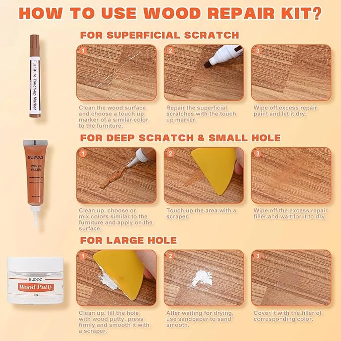 Professional Wood Furniture Repair Kit, 9-Color Wood Scratch & Crack Filler for Tables, Floors, Cabinets – Fixes Chips, Discoloration, Long-Lasting Results