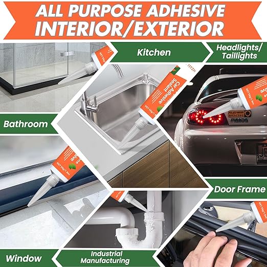 RTV Silicone Sealant Adhesive, 100% Waterproof Silicone Caulk, Strong Adhesion, Shrink & Crack Resistant, All-Purpose Caulk for Car, Kitchen, Bathroom, Window & Door Sealing – 1.8 Oz (White)