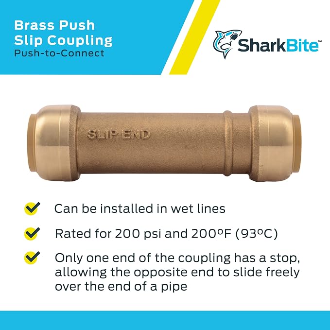 SharkBite 3/4 Inch Slip Coupling, Push to Connect Brass Plumbing Fitting, PEX Pipe, Copper, CPVC, PE-RT, HDPE, U3016LFA