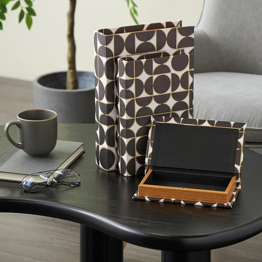 Deco 79 Faux Leather Decorative Box Faux Book Storage Book Shaped Boxes with White and Gold Geometric Patterns, Set of 3 Decorative Keepsake Boxes 13", 11", 9"H, Black