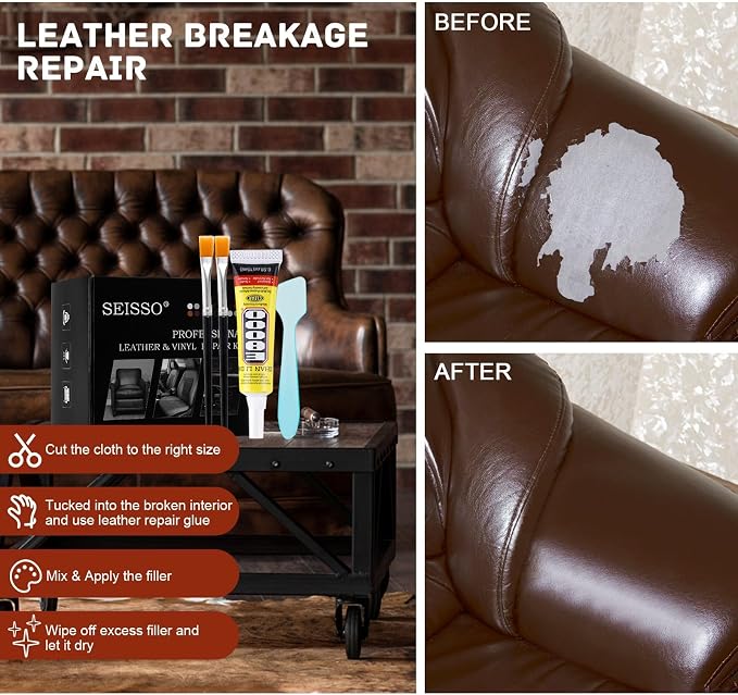 SEISSO Leather Repair Kit, Vinyl Repair Kit for Car Seats, Couches, Furniture, Jacket and Purse, Professional Leather Repair Paste with Glue Repair Tears & Burn Holes in Genuine or Faux Leather