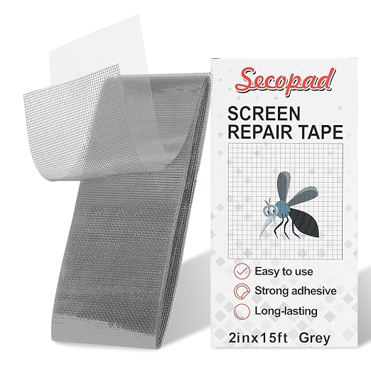 Secopad Grey Screen Repair Tape, 2" X 180" (15FT) Window Screen Door Repair Kit, Strong Adhesive Fiberglass Patch Tape Mesh