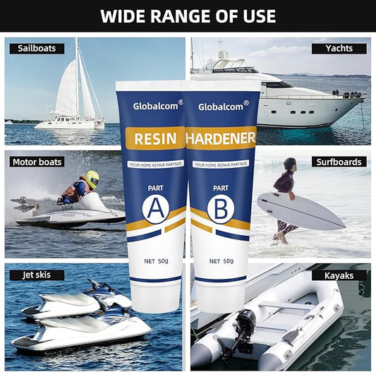 Globalcom Fiberglass Boat Repair Kit White, Gel Coat Repair Kit for Boats, Marine Fiberglass Repair Kit for Boats, Epoxy Filler for Boats, Fiberglass Repair Kit Fix Holes Chips Pit Cracks