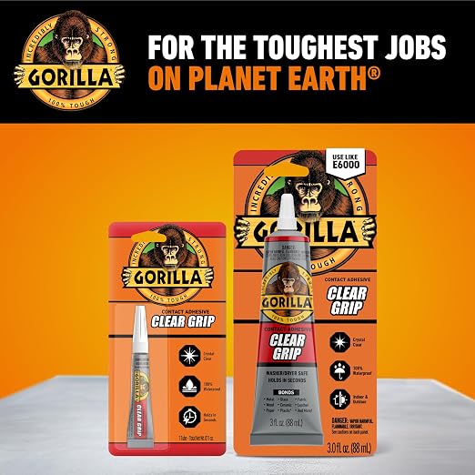 Gorilla Clear Grip Waterproof Contact Adhesive; Fast-Setting; Waterproof; Flexible; Permanent Bond; 3 Ounce Tube; Crystal Clear (Pack of 3)