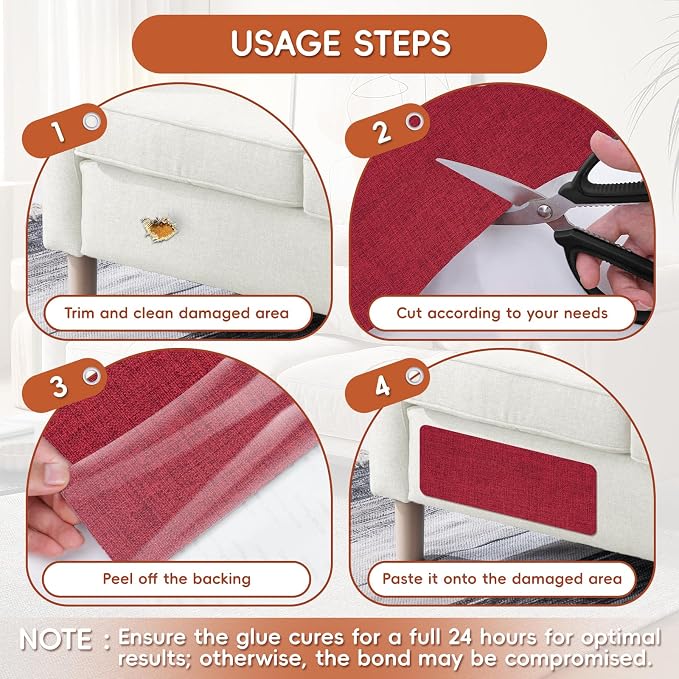 Linen Fabric Repair Tape 4x79 Inch, Self Adhesive Couch Patch Repair Fabric Tape for Furniture, Linen Patch Kit for Couch, Carpet, Upholstery, Chair, Sofa, Pillows, Bag (Coarse, Dark Red)