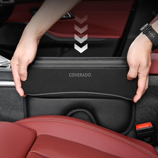 Coverado Universal Car Seat Gap Filler Organizer, Premium Suede Leather Car Seat Side Gap Filler, Seat Gap Storage Box for SUV Truck, Car Interior Accessories, Black-2pc