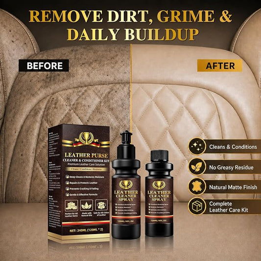 Leather Cleaner and Conditioner Kit, 5-Piece Leather Care Kit with Cleaner Spray, Conditioner, Microfiber Cloth, Sponge & Spray Nozzle, Leather Cleaner for Couches, Car Seats, Furniture, Bags