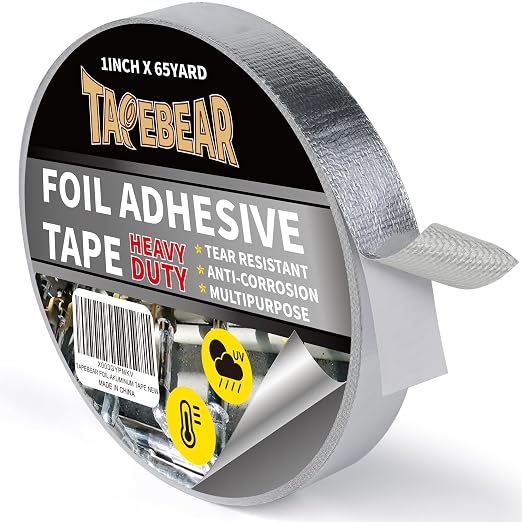 TAPEBEAR Heat Shield Tape Aluminized Fiberglass Cool Tape 1inch x 65Yards, Self-Adhesive Reflective Thermal Barrier Tape Heat Resistant for Air Dryer Vent, HVAC, Heating Unit, Auto, Pipe, 196Ft