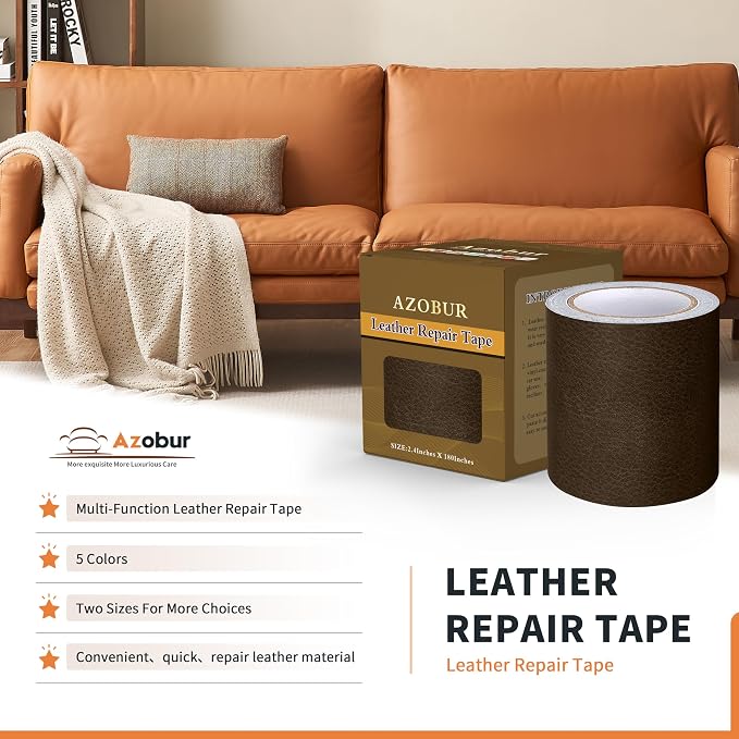 Azbour Leather Repair Tape Patch, 2.4''x15' Super Adhesive, Self-Adhesive Leather Patch for Restoration and Refurbishment of Sofas, Car Seats, Furniture, Vinyl Furniture, Chairs. （Black Brown）