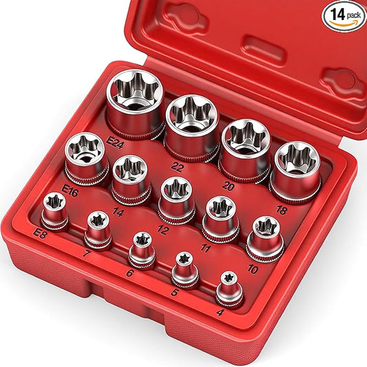 SEDY 14-Piece E-TORX Socket Set - Premium Female Torx Socket Set, Ultimate Torque Star Sockets, External Torx Sockets, E4 E5 E6 E7 E8 E10 E11 E12 E14 E16 E18 E20 E22 E24
