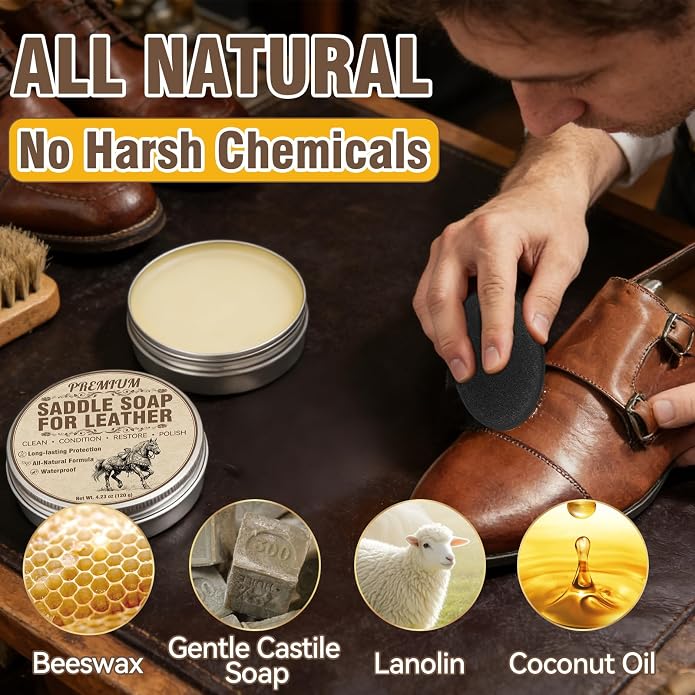 Leather Care for Leather Boots, All-Natural Leather Cleaner and Conditioner | Cleans, Restores, Softens and Protects Boots, Shoes, Bags, Jackets & Furniture, 4.23 Oz Saddle Soap with Sponge
