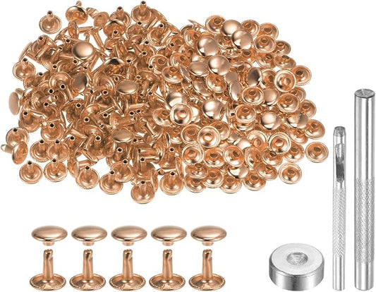 HARFINGTON 100 Sets Leather Rivets 10 x 10mm Metal Double Cap Rivet Snaps Studs Fasteners with 3pcs Setting Tools for Leather Craft DIY Repair Decoration, Light Gold Tone