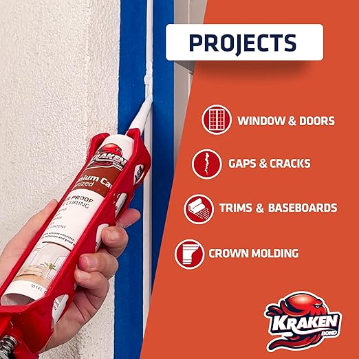 Kraken Bond Premium All Purpose Acrylic Latex Caulk - (24x10.1 fl. oz.) White Paintable Interior and Exterior Window Caulk, Baseboard, Trim, Kitchen and Bathroom - Waterproof, Odorless - 24 Pack