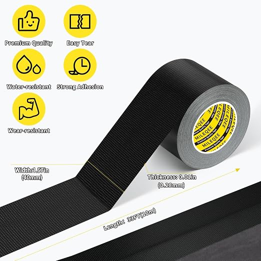 Duct Tape Heavy Duty Single Sided, Strong Adhesive High Strength, Waterproof Mesh Tape for Indoor and Outdoor Repairing Sealing Bonding, Easy Use Hand Tearable, 1.57 Inch x 33 Feet, Black