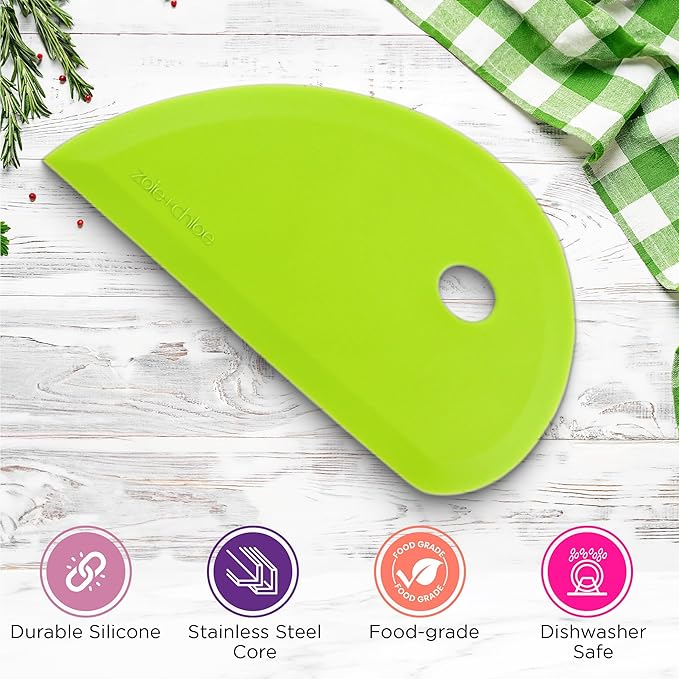 Zoie + Chloe Multipurpose Silicone Bowl Scraper - Dough Scraper for Cleaning Mixing Bowls, Baking Pan - Silicone Scraper Spatula For Painting, Smoothing, Frosting, Cake Decorating - Green, 7x3.75"