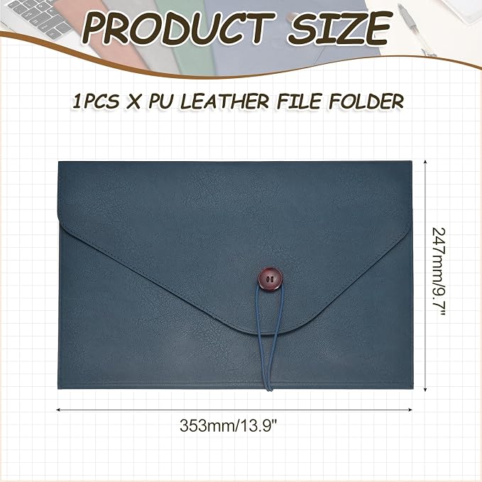 PATIKIL Leather Folder, 14x10 Leather Document Holder File Folder PU Pouch Bag Portfolio File Organizer Button Personal Envelope Waterproof for Traveling Office Men Gift, Blue