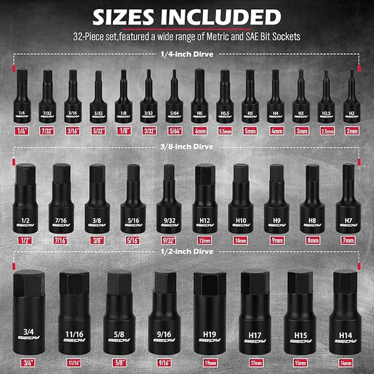 Hex Bit Impact Socket Set: 36-Piece with 4 Adapters, 1/4" 3/8" 1/2" Drive Master Allen Impact Socket Set, SAE and Metric, H5-H19 & 3/4"-5/64", Heavy Duty Storage Case, Automotive Mechanic