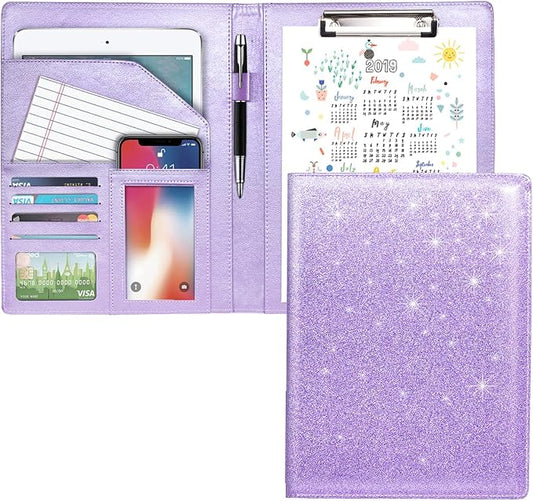 Padfolio/Resume Portfolio Folder for Women,WAVEYU Cute Pink Padfolio Cover Folder, Conference/Legal Document Organizer with Letter/A4 Size Clipboard, Document Sleeve,Glitter Purple